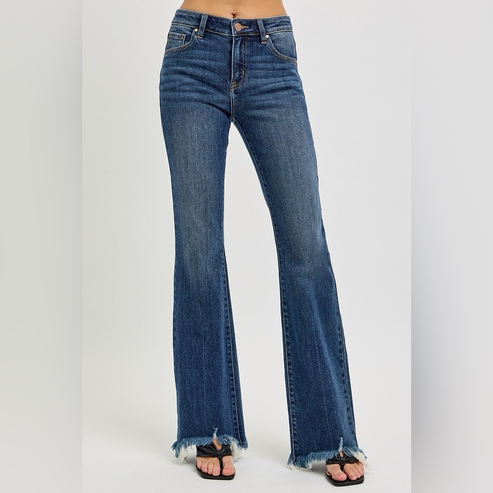 RISEN Mid Rise Flare Frayed Hem Jeans - Picture 5 of 7